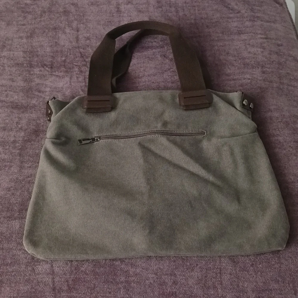 Canvas Tote Briefcase Bag in Grey With Brown Handles